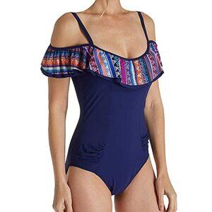 NWT $128 Gottex Gala Flounce Off the Shoulder Swimsuit Navy + Colorful Size 16